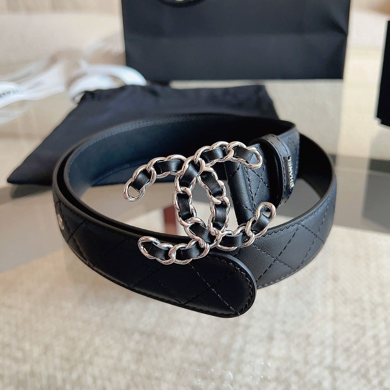 19系列銀扣雙C 菱格紋皮帶（明星同款）寬3CM