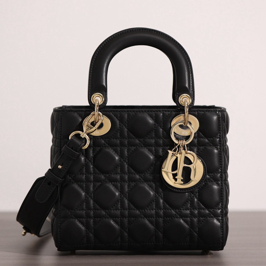 小號 LADY DIOR MY ABCDIOR 四格戴妃包黑色羊皮金扣_1